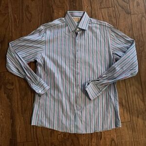 Thomas Pink Shirt Mens 16 41cm Red Blue Stripe Slim Fit Dress Shirt Bright